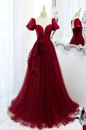 A-Line Satin Tulle Long Prom Dresses, Burgundy Evening Dresses