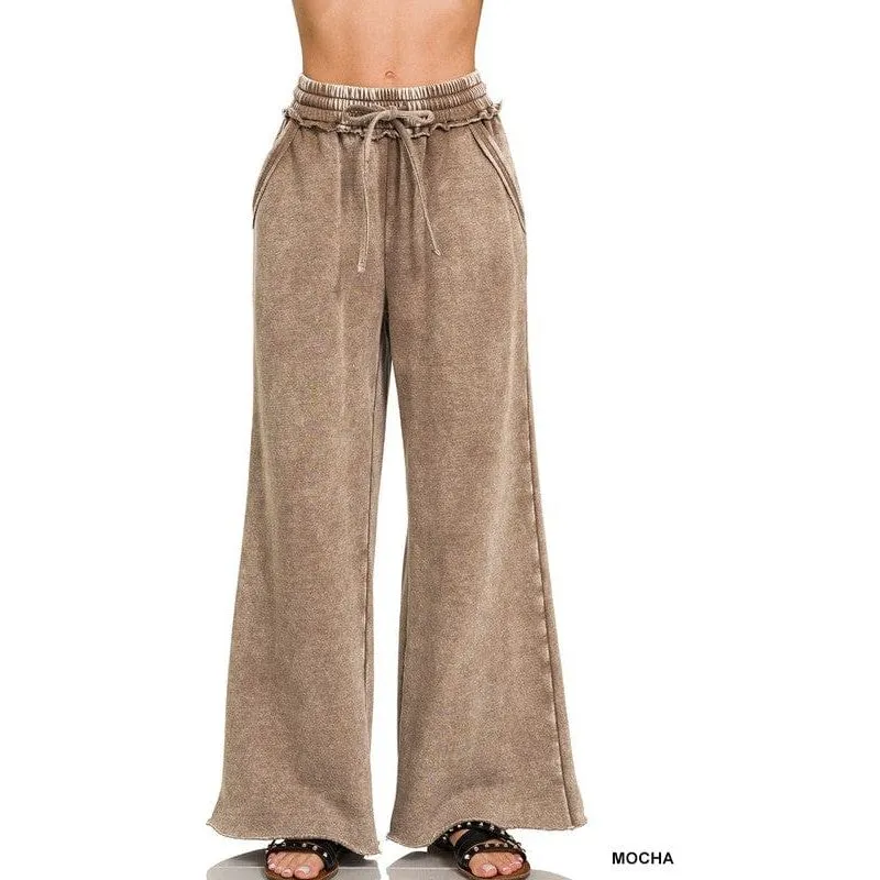 Acid Wash Fleece Palazzo Sweatpants With Pockets