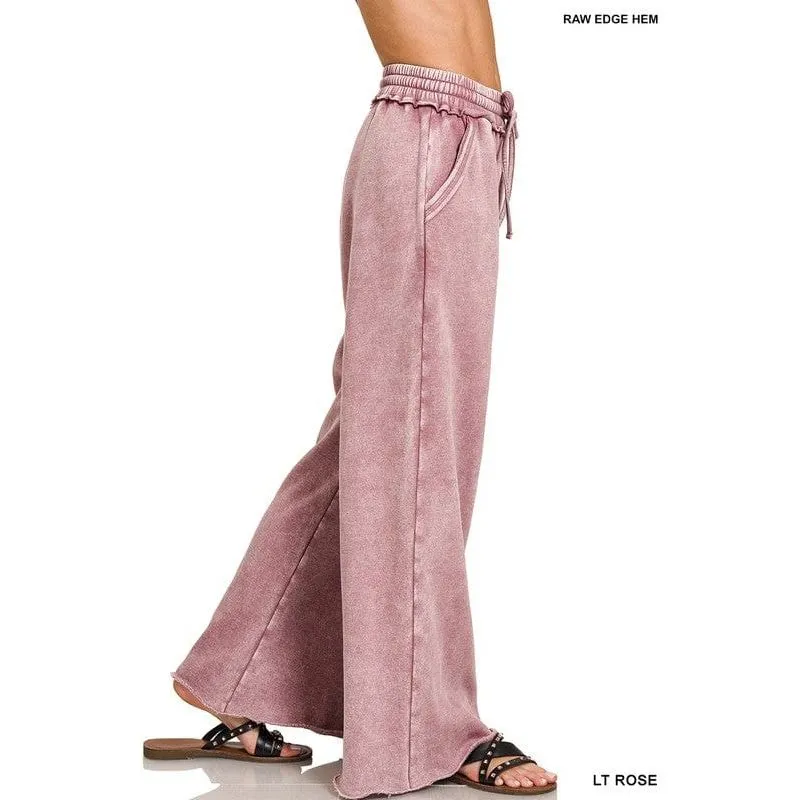 Acid Wash Fleece Palazzo Sweatpants With Pockets