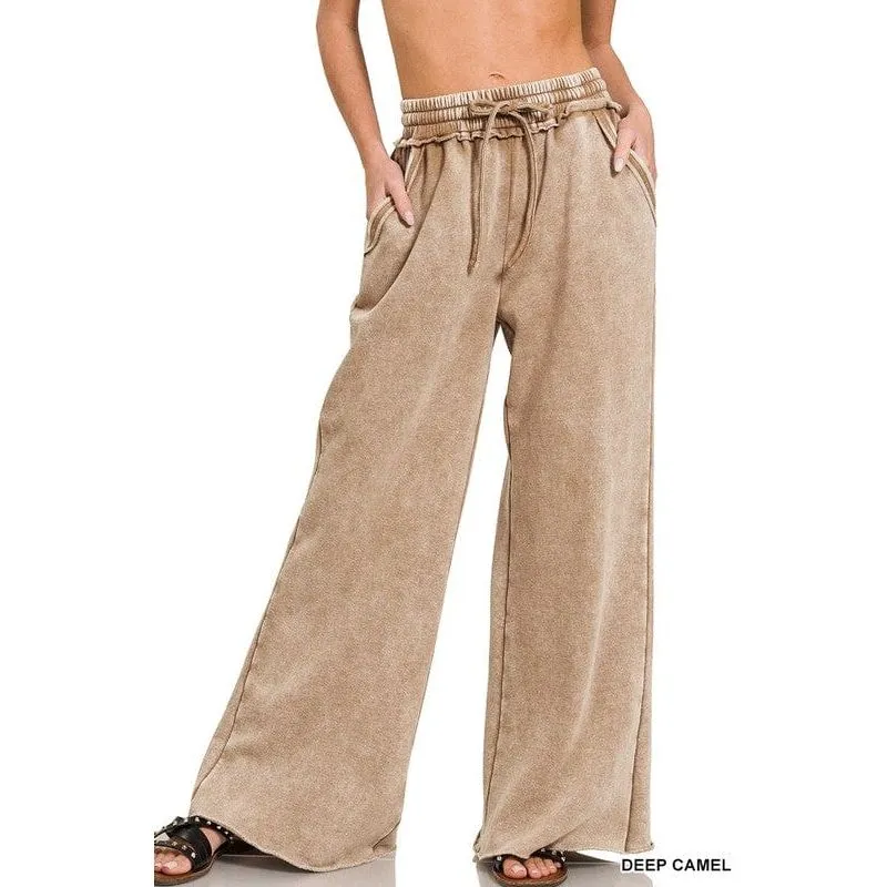 Acid Wash Fleece Palazzo Sweatpants With Pockets