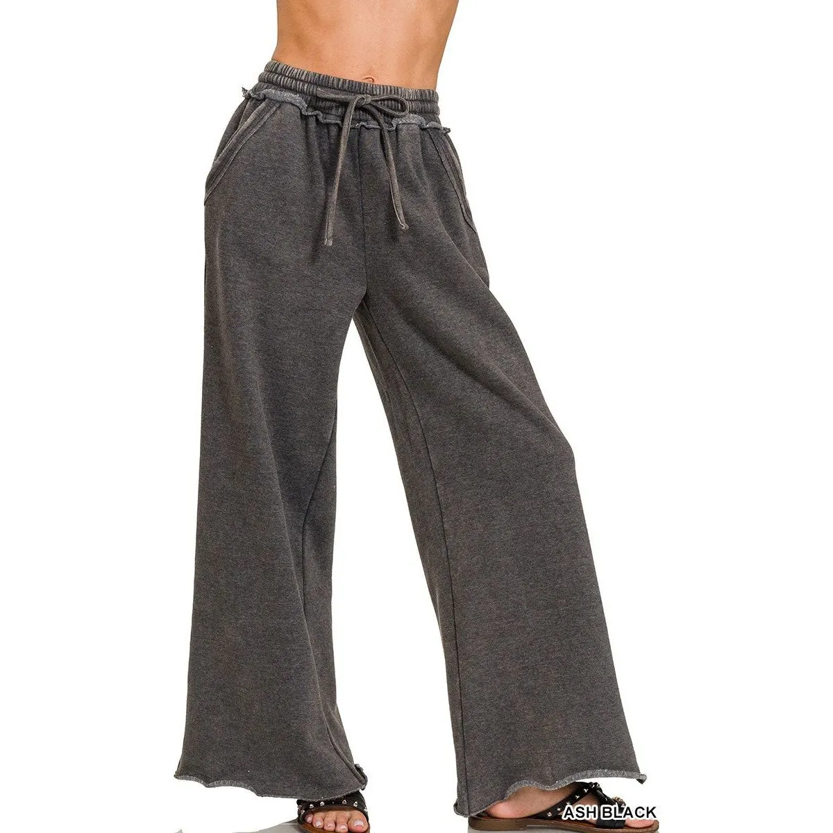 Acid Wash Fleece Palazzo Sweatpants With Pockets