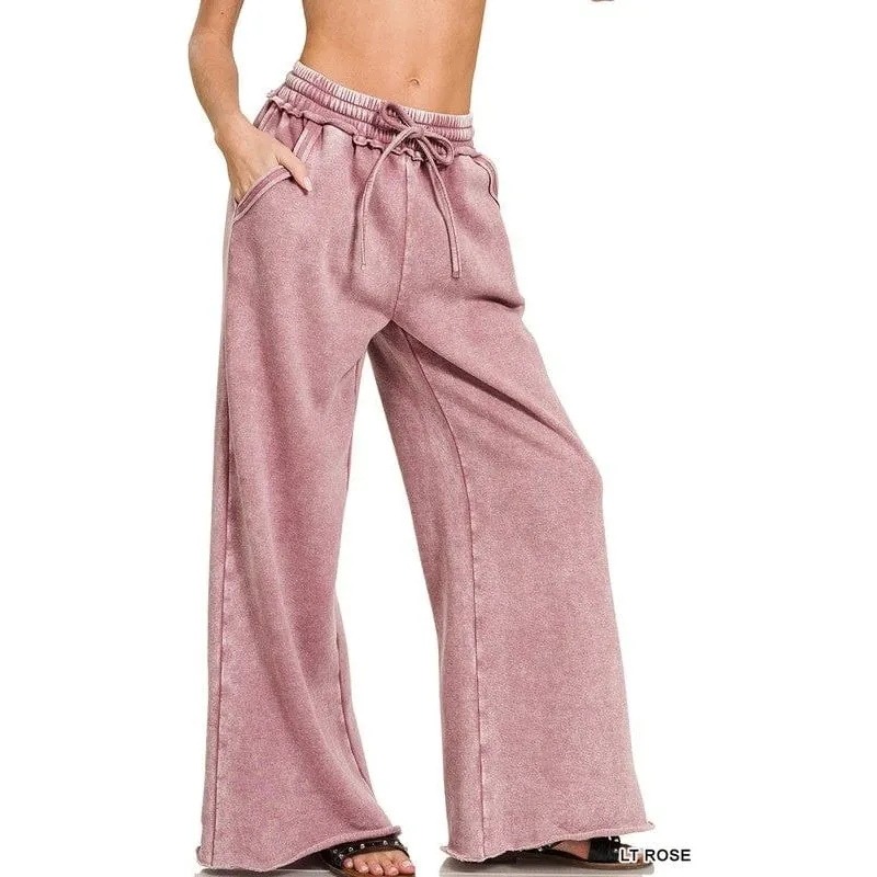 Acid Wash Fleece Palazzo Sweatpants With Pockets