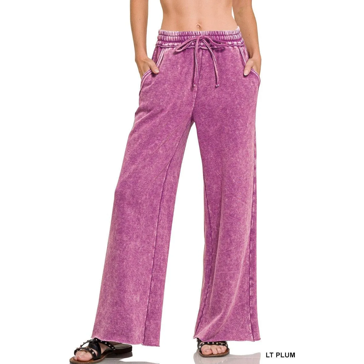 Acid Wash Fleece Palazzo Sweatpants With Pockets