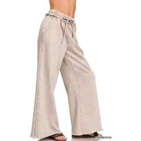 Acid Wash Fleece Palazzo Sweatpants With Pockets