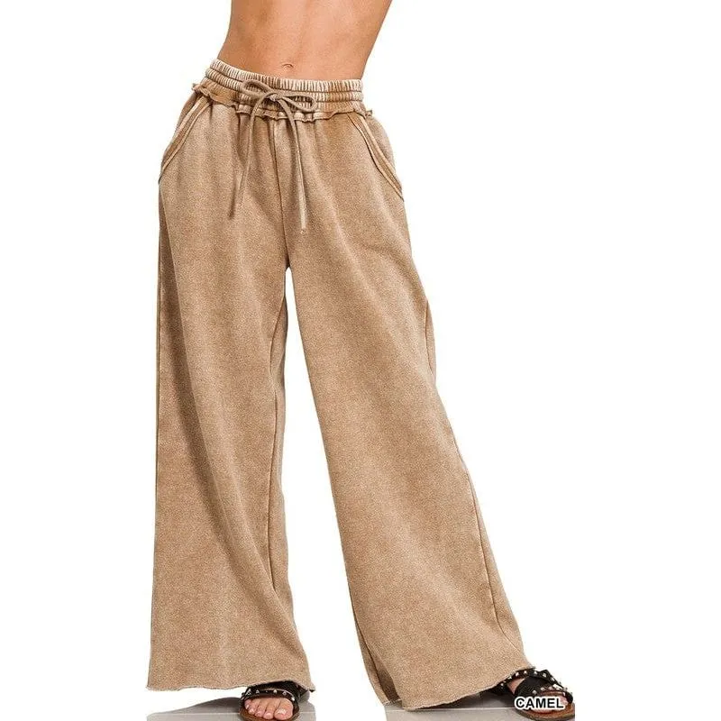 Acid Wash Fleece Palazzo Sweatpants With Pockets