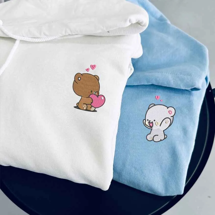 Adorable Bear Couple Matching Hoodies - Custom Embroidered Sweatshirts For Couples