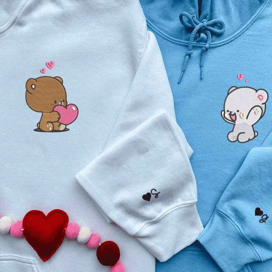 Adorable Bear Couple Matching Hoodies - Custom Embroidered Sweatshirts For Couples