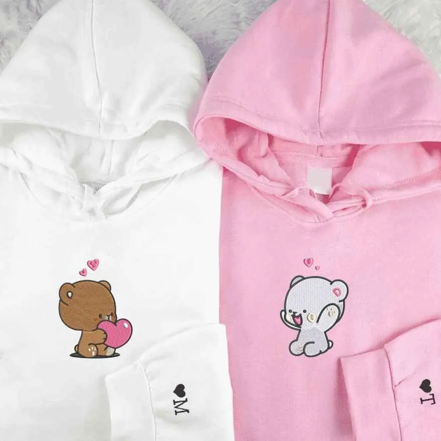 Adorable Bear Couple Matching Hoodies - Custom Embroidered Sweatshirts For Couples