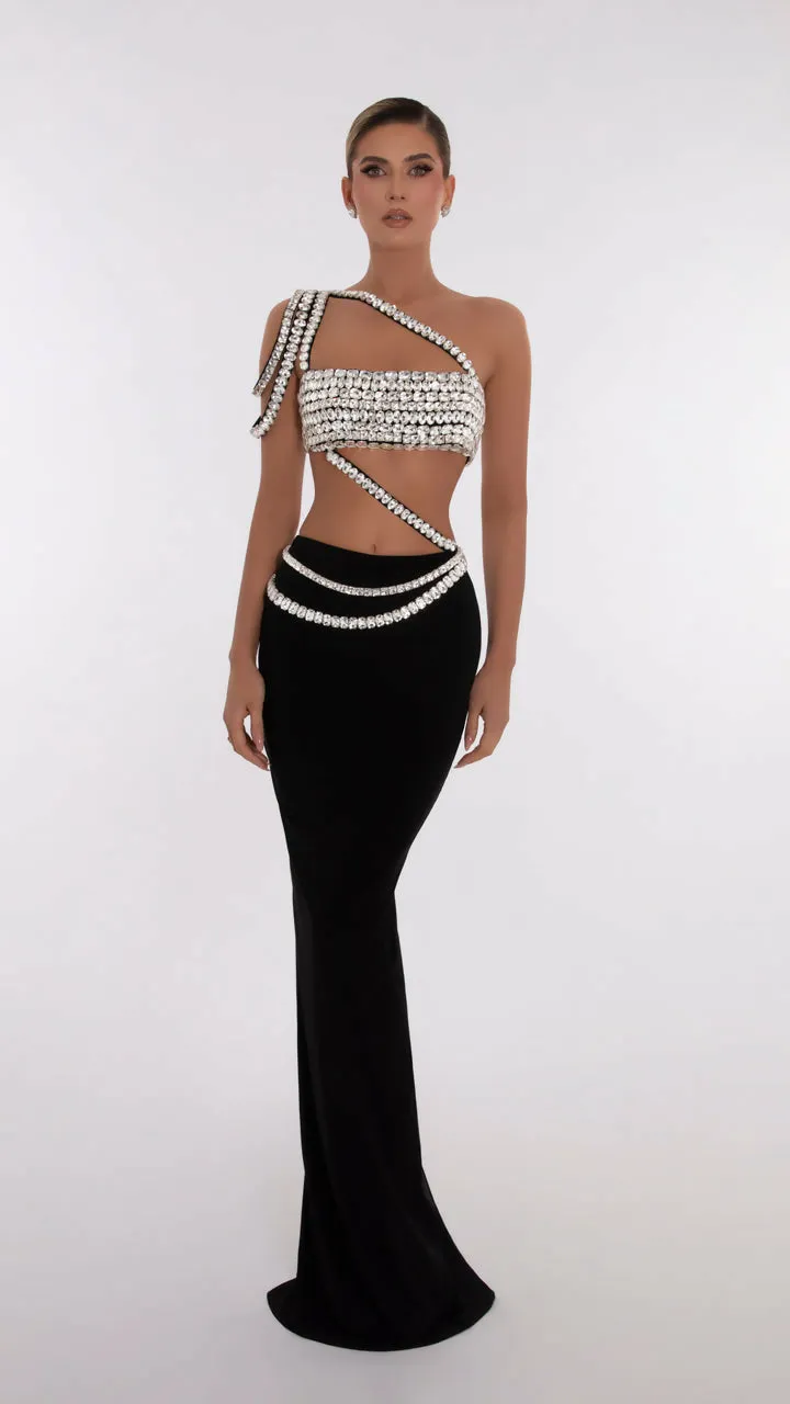 Albina Dyla Silver Crop Top With Black Skirt