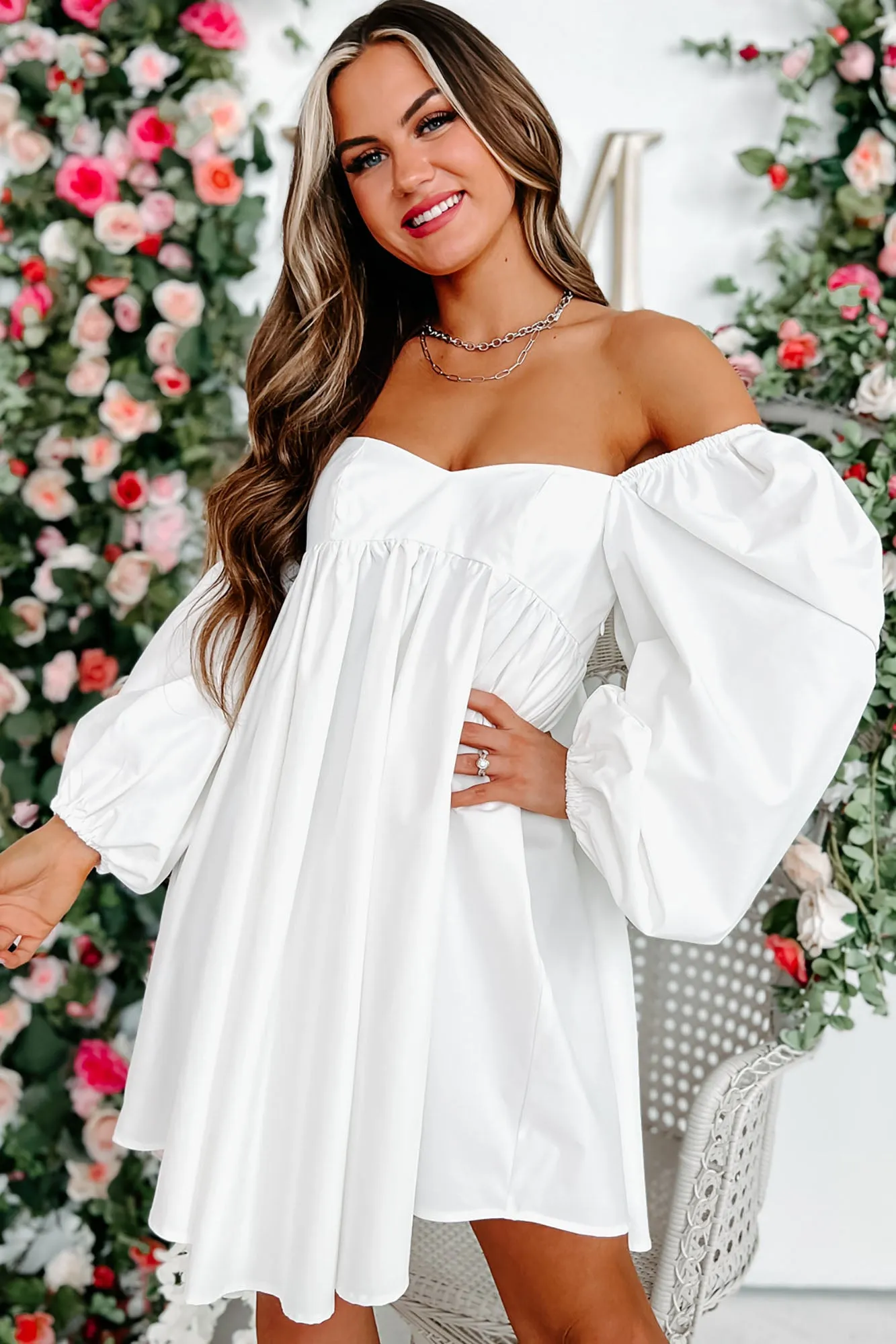 Angel Eyes Long Sleeve Babydoll Dress (White)