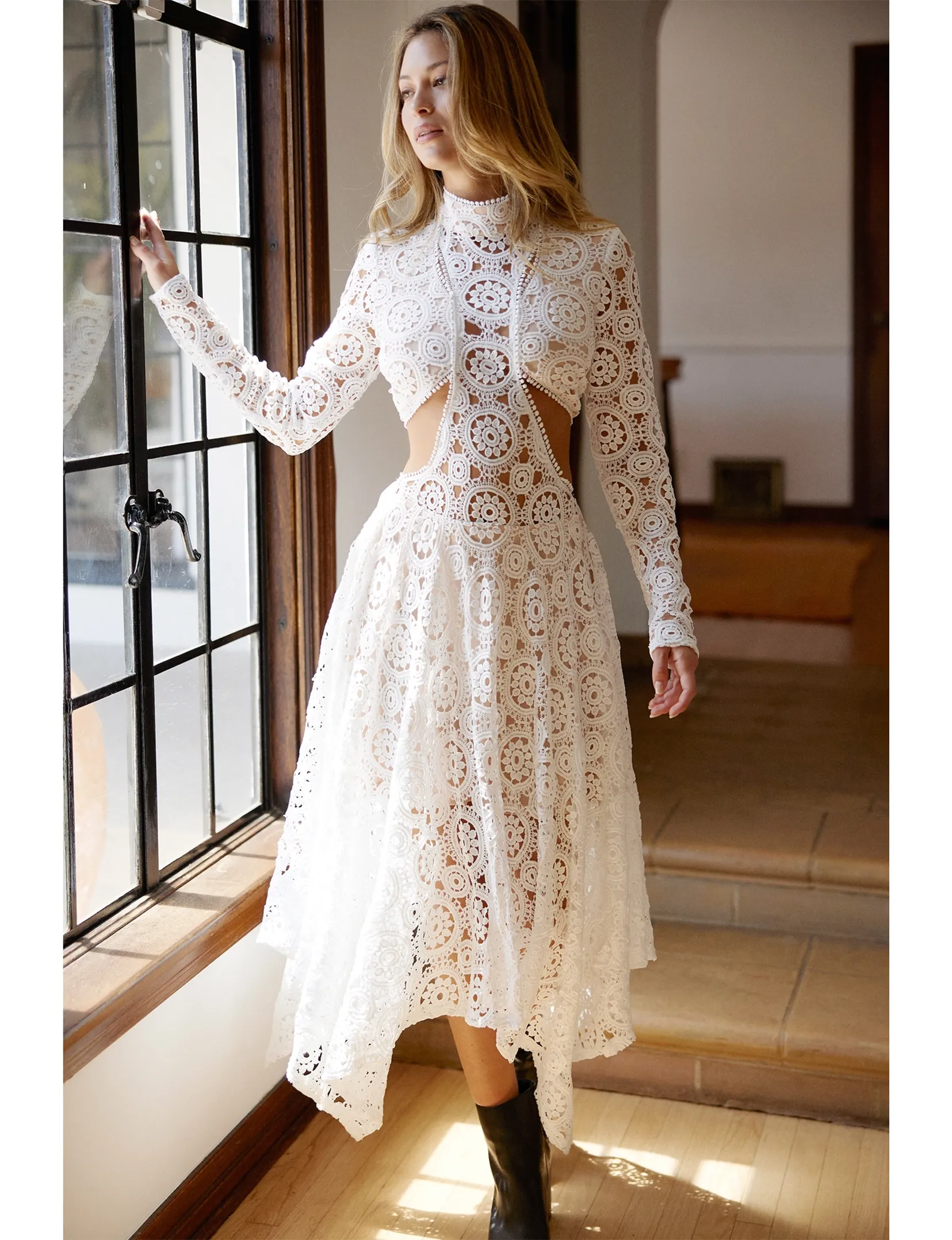 Artisan Crochet Lace Midi Dress, Off White