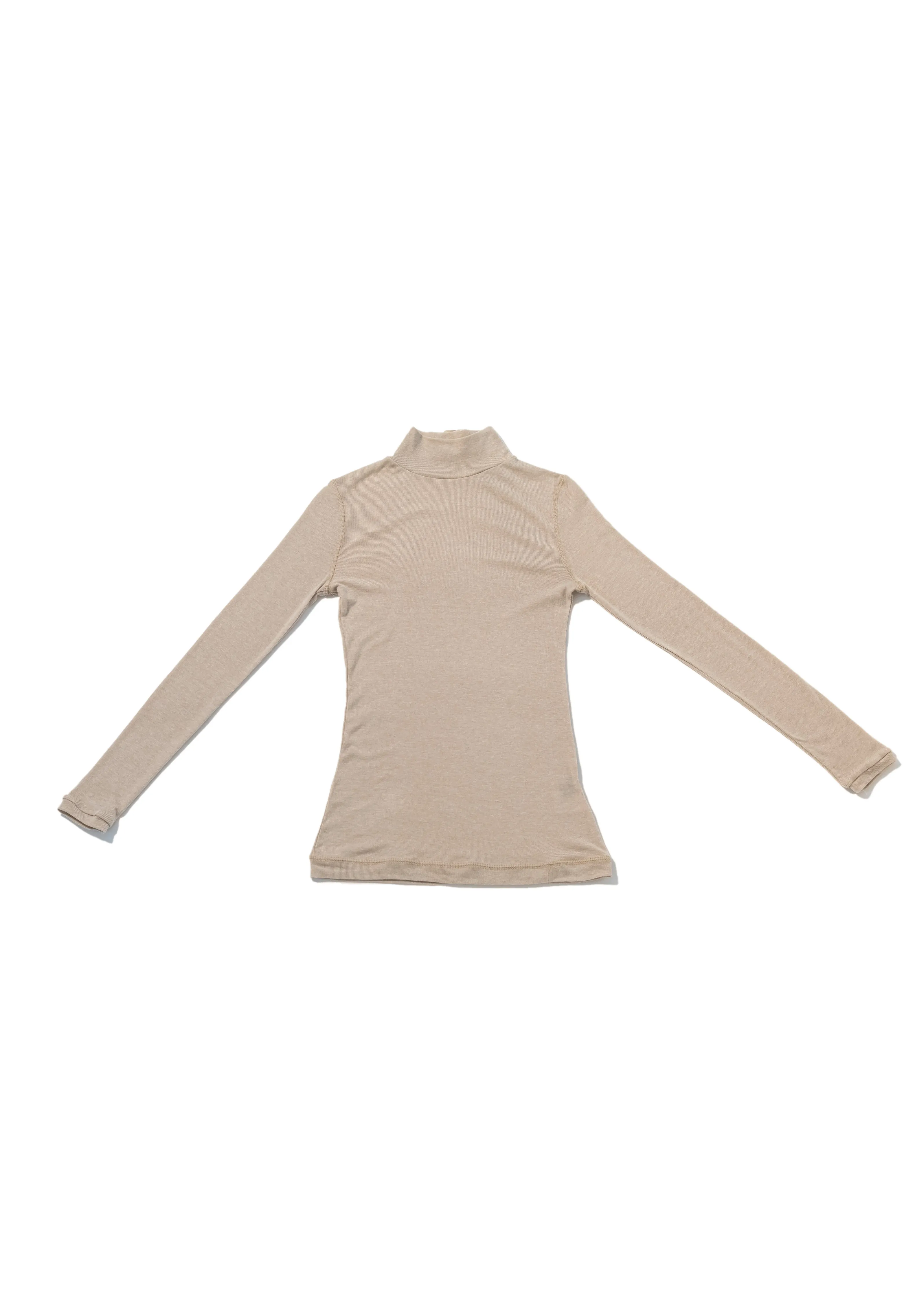 Beige Mock Neck Thin Knit Buckle-Up Top