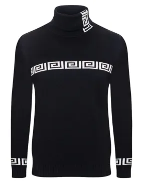 Black Greek Key Italian Designer Men's Turtleneck Sweater Regular-Fit SW-146