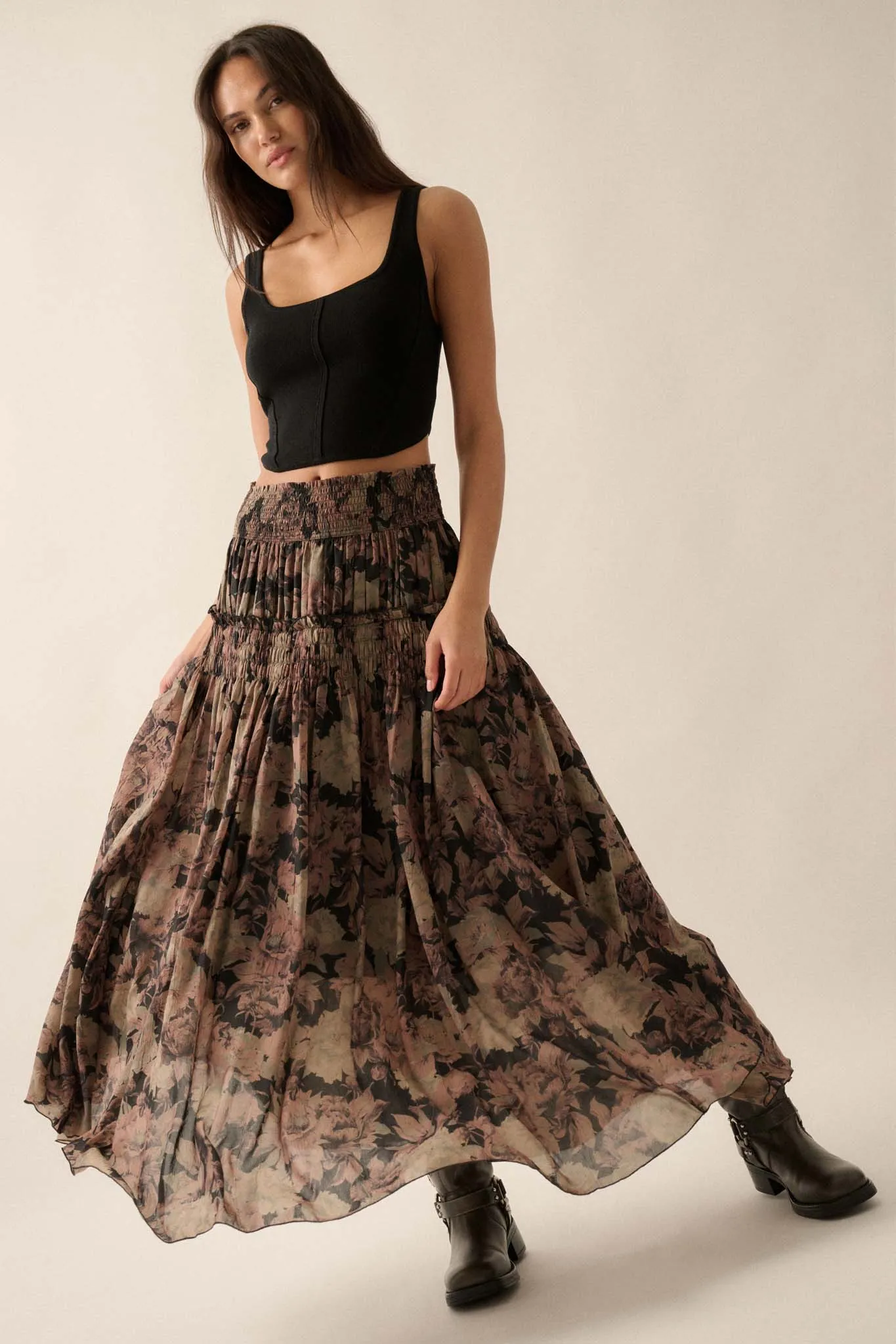 Blossoms Twirl Smocked Floral Maxi Skirt