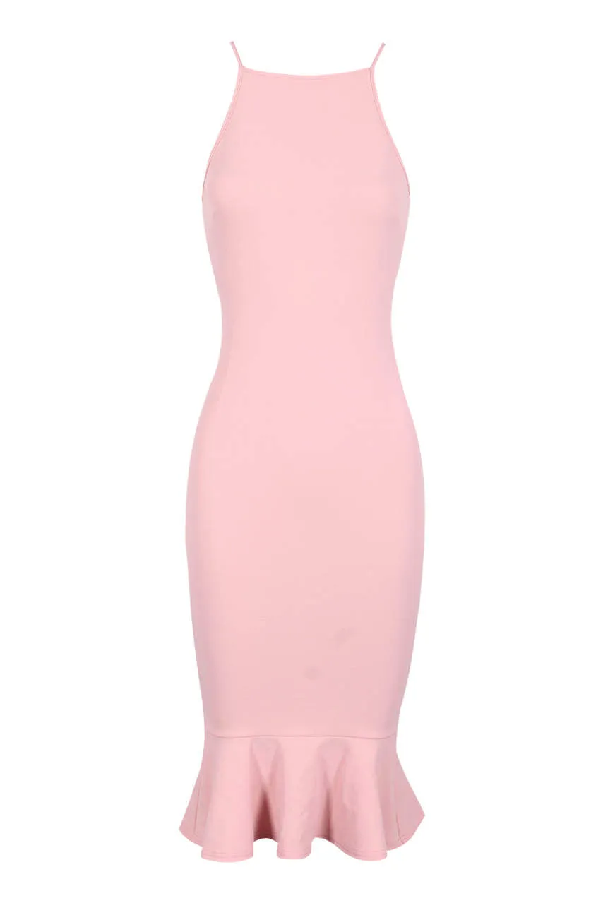 Blush Bodycon Midi Dress With Frill Hem