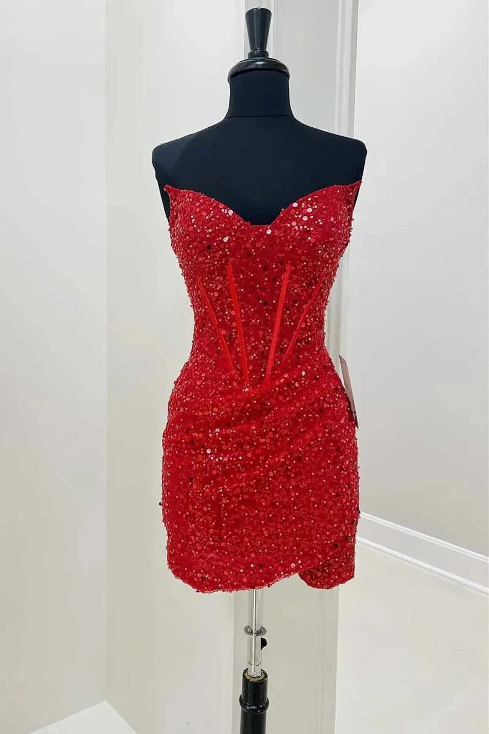 Bodycon Sweetheart Red Sequins Corset Homecoming Dress