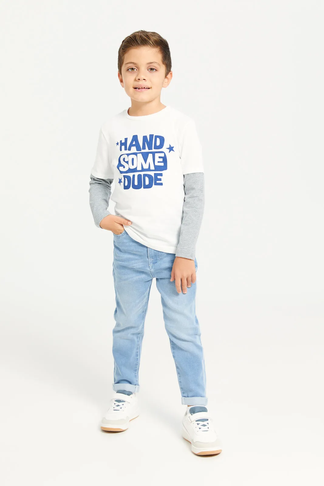 Boys White And Blue Handsome Print T-Shirt