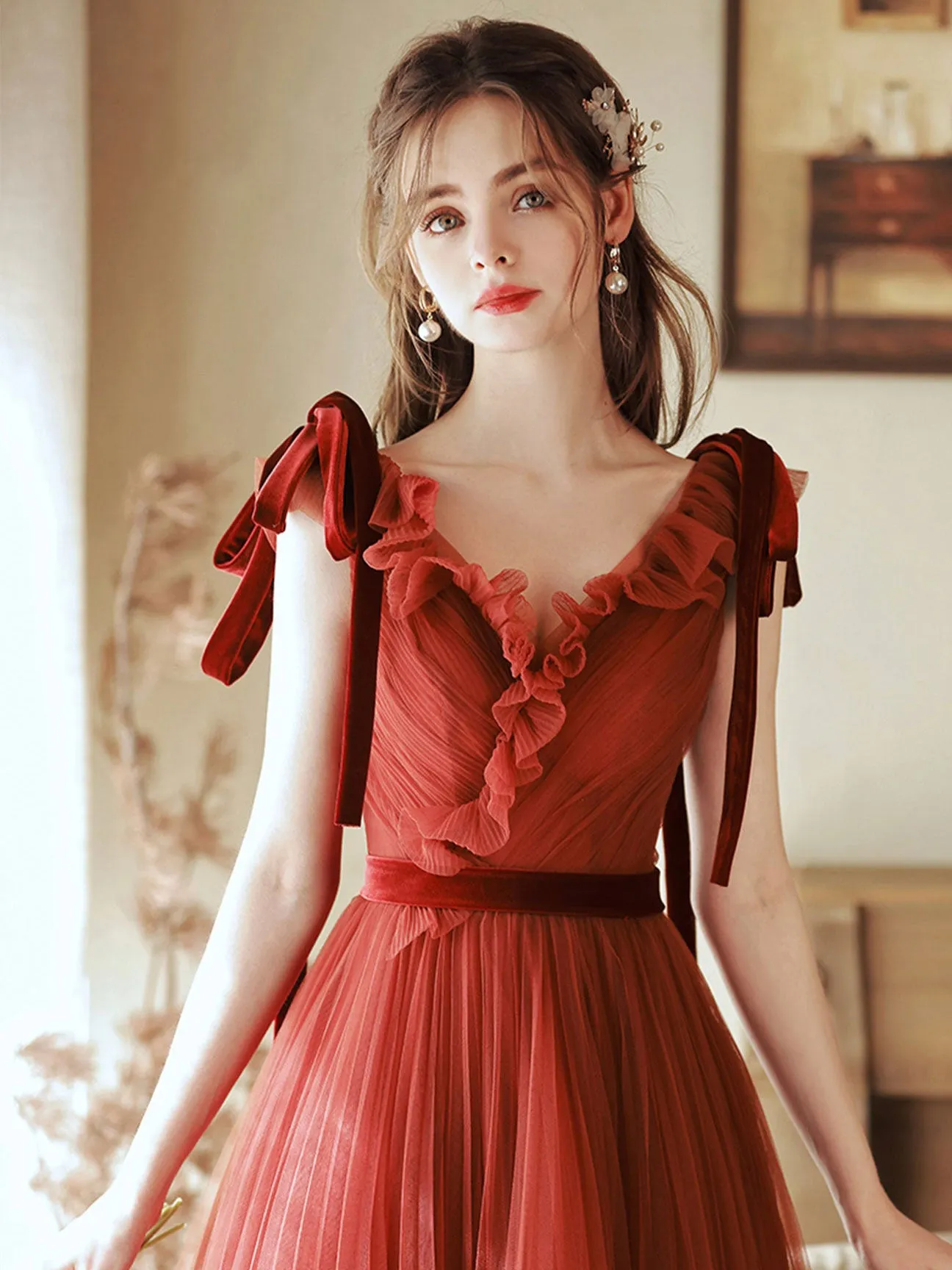 Brick Red V Neck Tulle Long Prom Dresses, Brick Red Tulle Formal Graduation Dresses