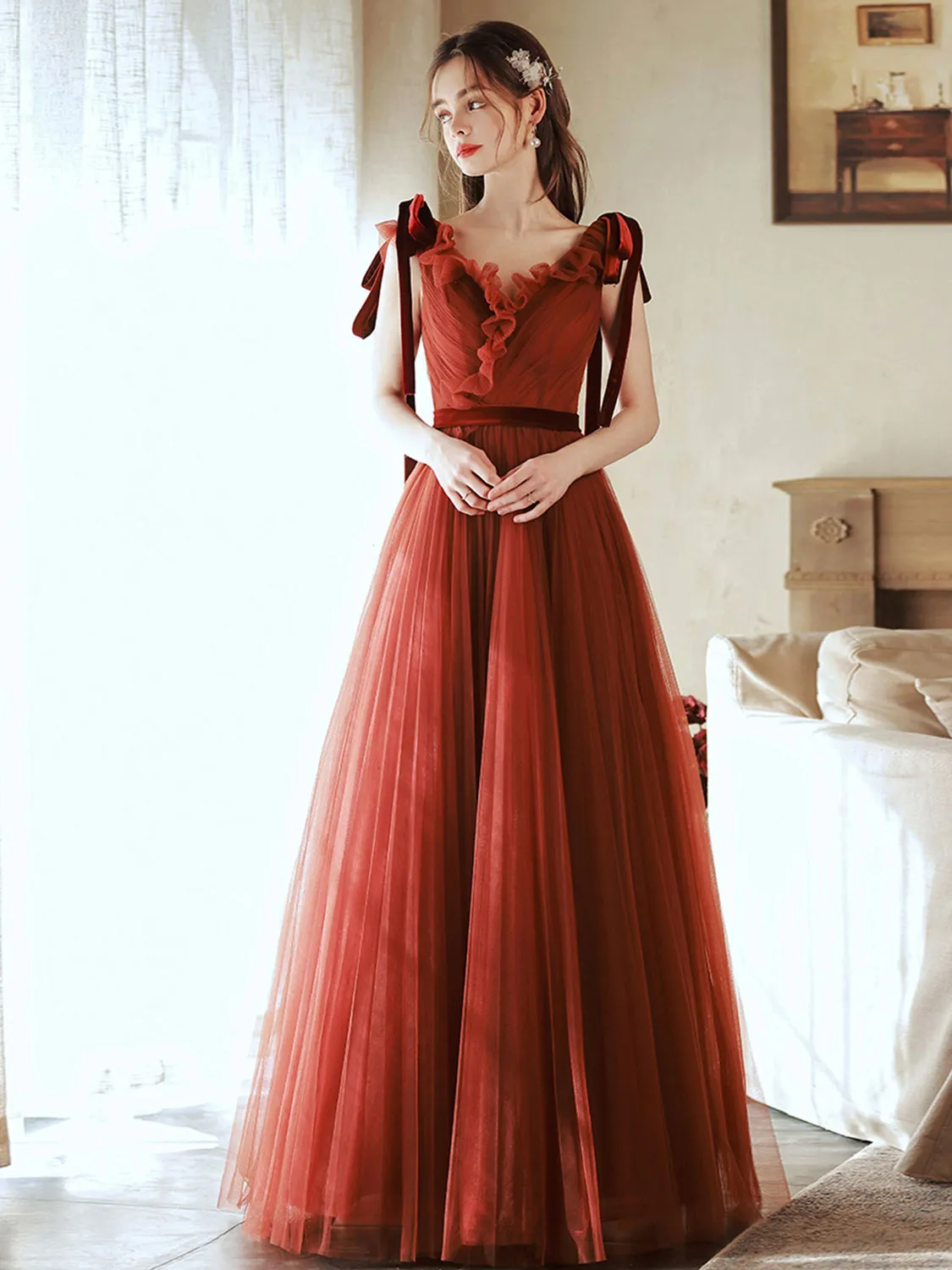 Brick Red V Neck Tulle Long Prom Dresses, Brick Red Tulle Formal Graduation Dresses