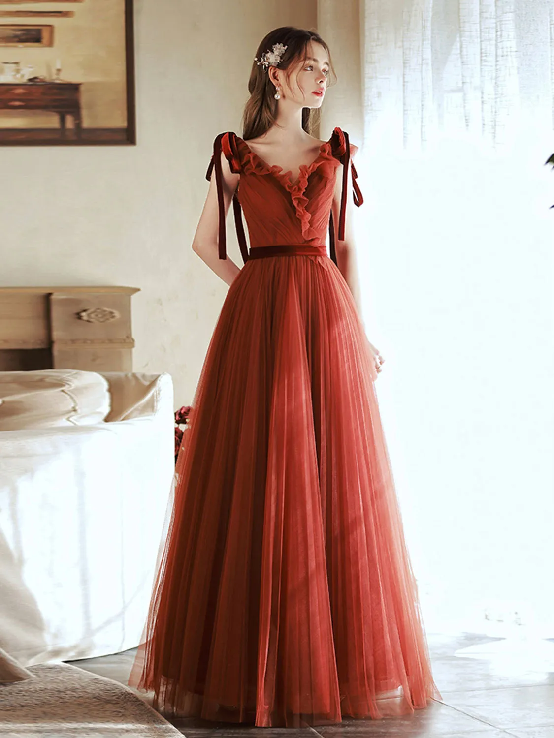 Brick Red V Neck Tulle Long Prom Dresses, Brick Red Tulle Formal Graduation Dresses