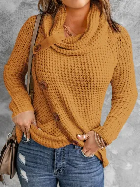 Buttoned Mustard Wrap Turtleneck Shift Sweater