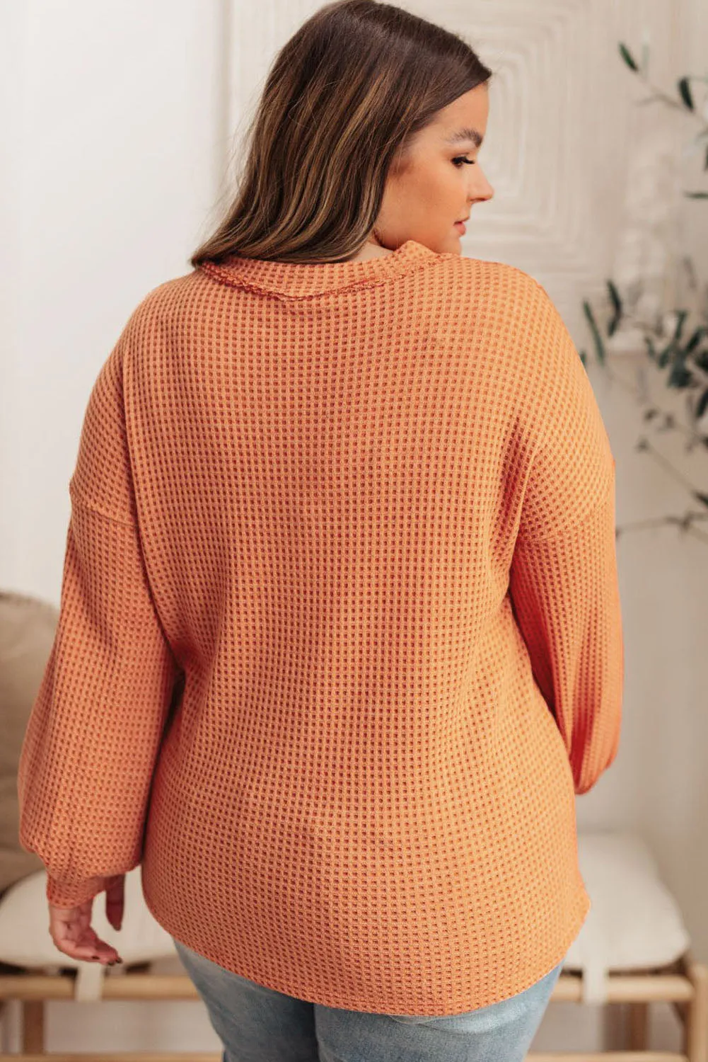 Buttoned V Neck Waffle Knit Plus Size Top