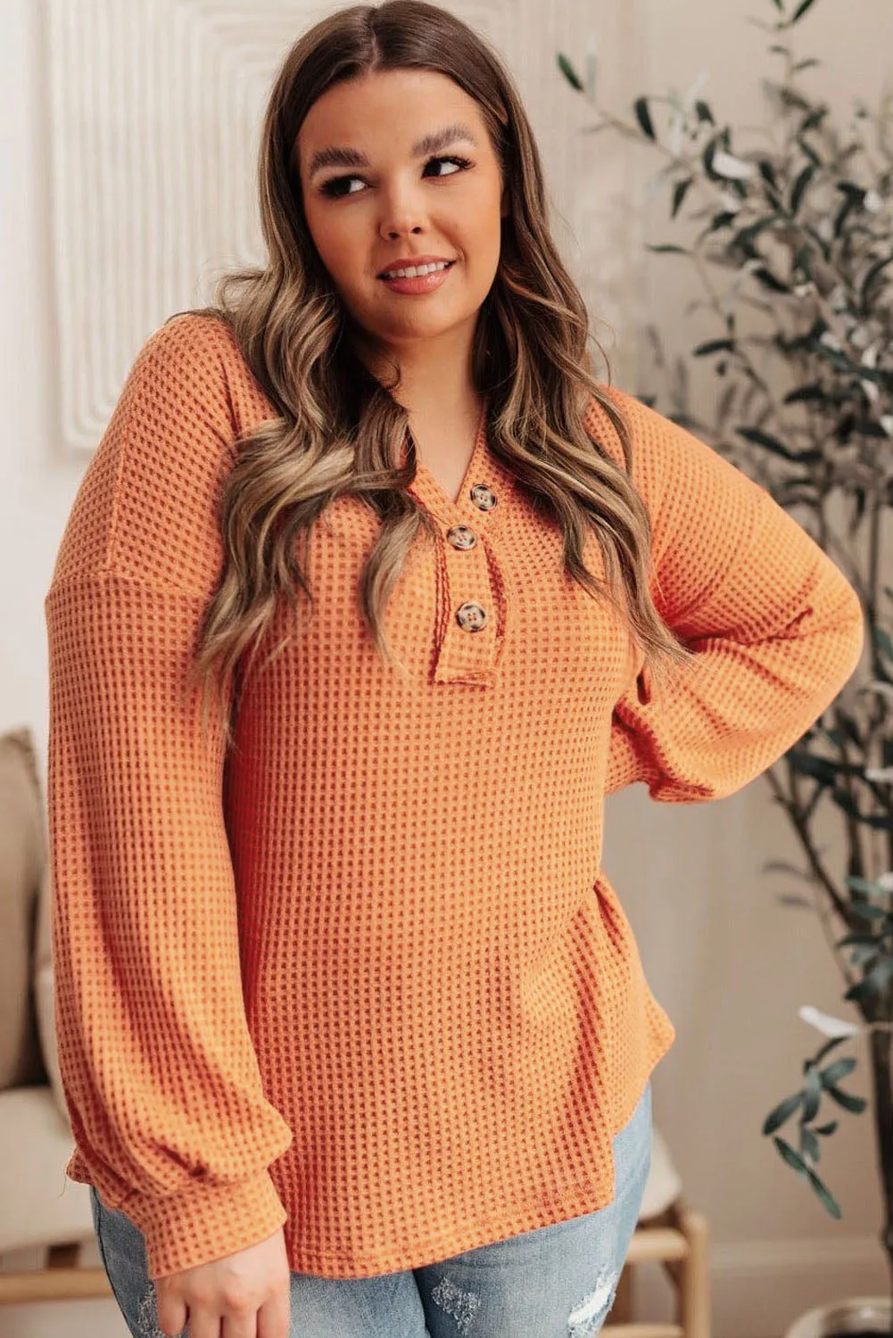 Buttoned V Neck Waffle Knit Plus Size Top