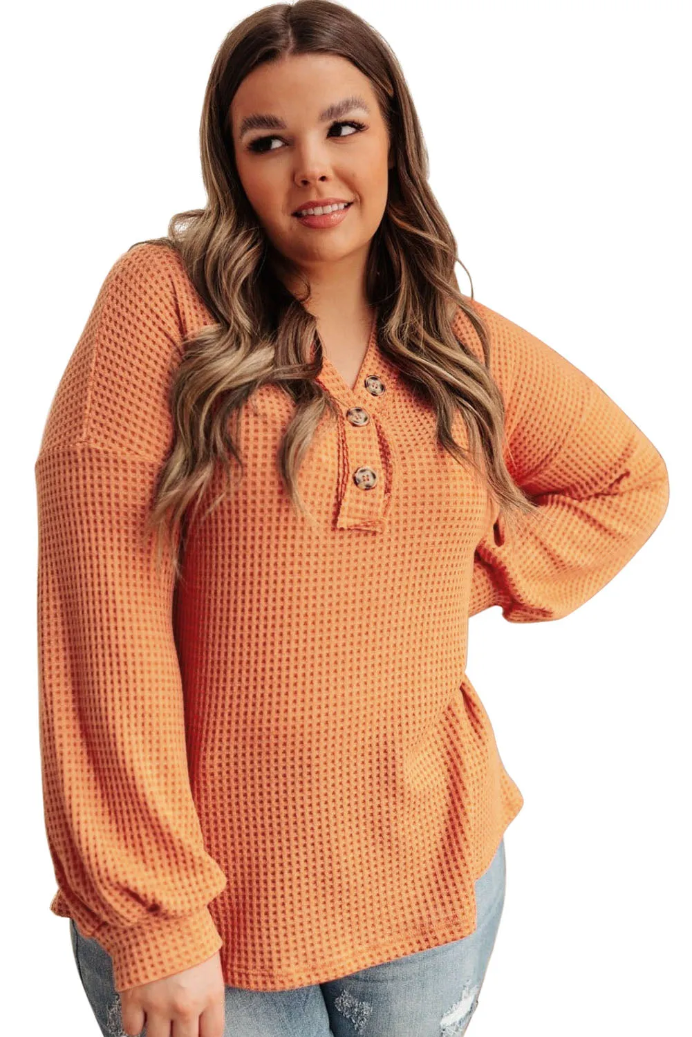 Buttoned V Neck Waffle Knit Plus Size Top