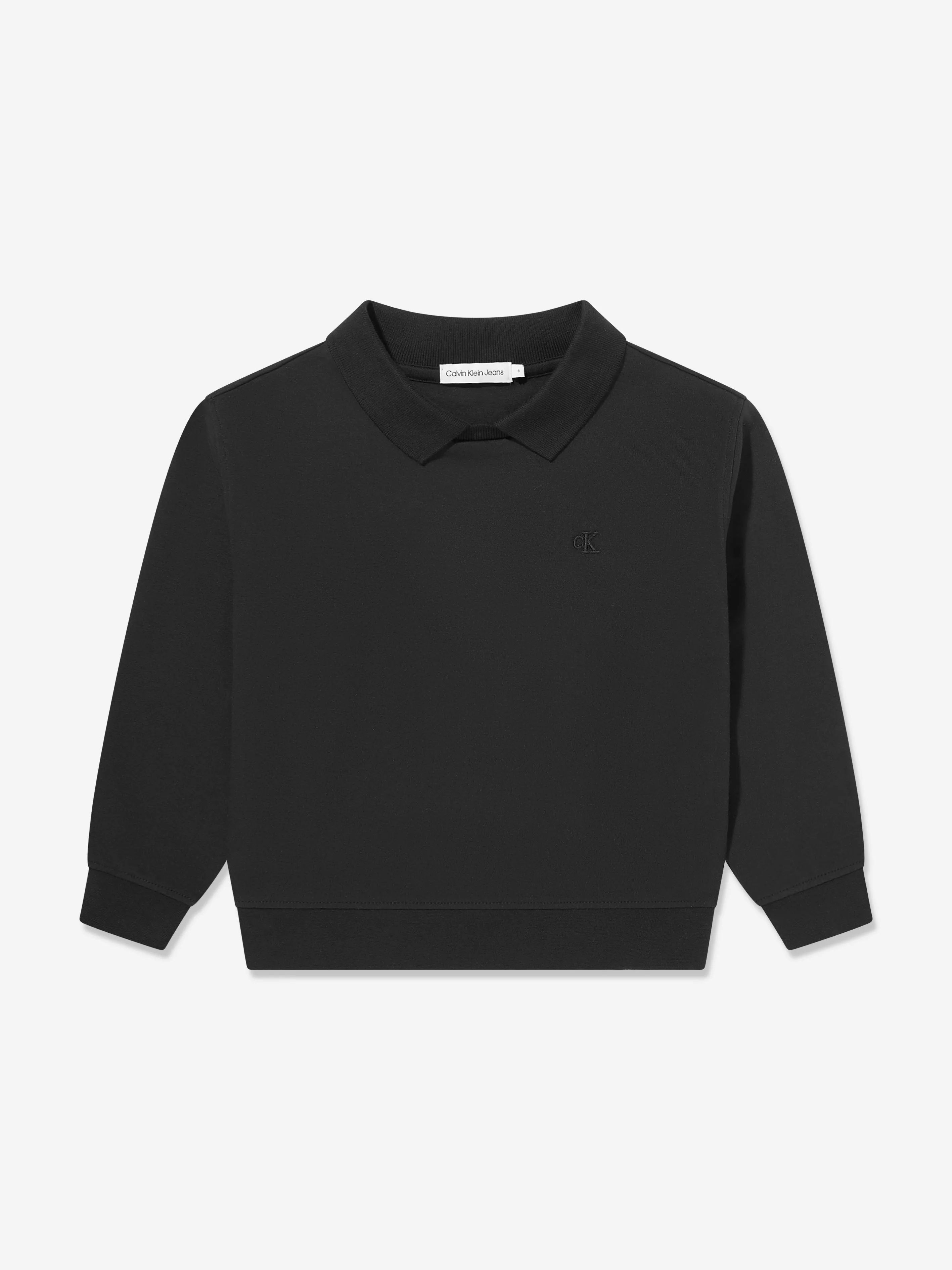 Calvin Klein Boys Polo Collar Monogram Sweatshirt in Black