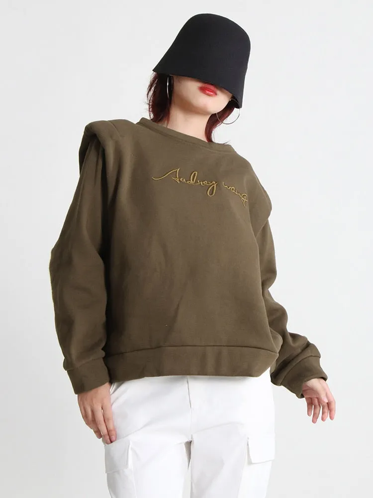 Casual Embroidered Sweatshirt For Women Round Neck Long Sleeve Patchwork Solid Sweatshirts Female Clothing Autumn