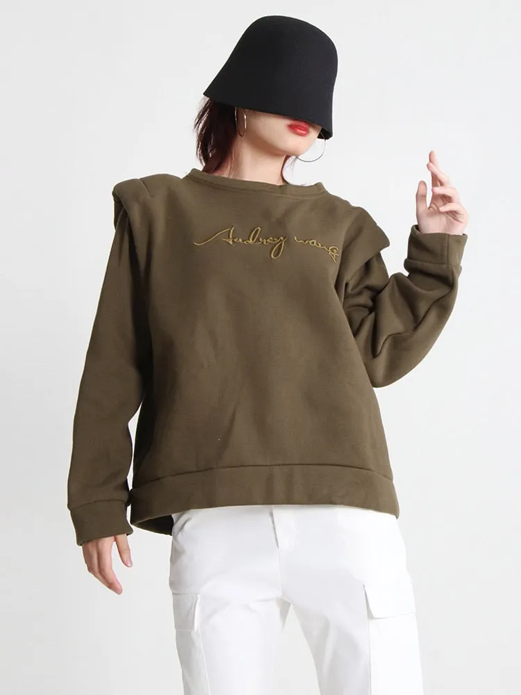 Casual Embroidered Sweatshirt For Women Round Neck Long Sleeve Patchwork Solid Sweatshirts Female Clothing Autumn