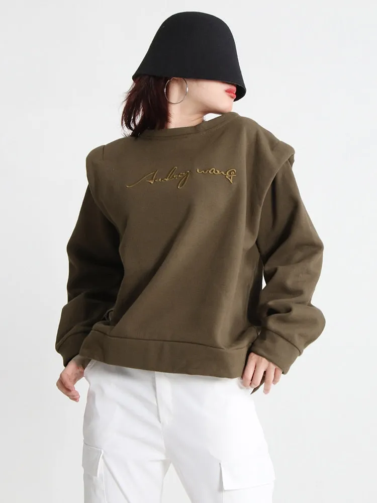 Casual Embroidered Sweatshirt For Women Round Neck Long Sleeve Patchwork Solid Sweatshirts Female Clothing Autumn