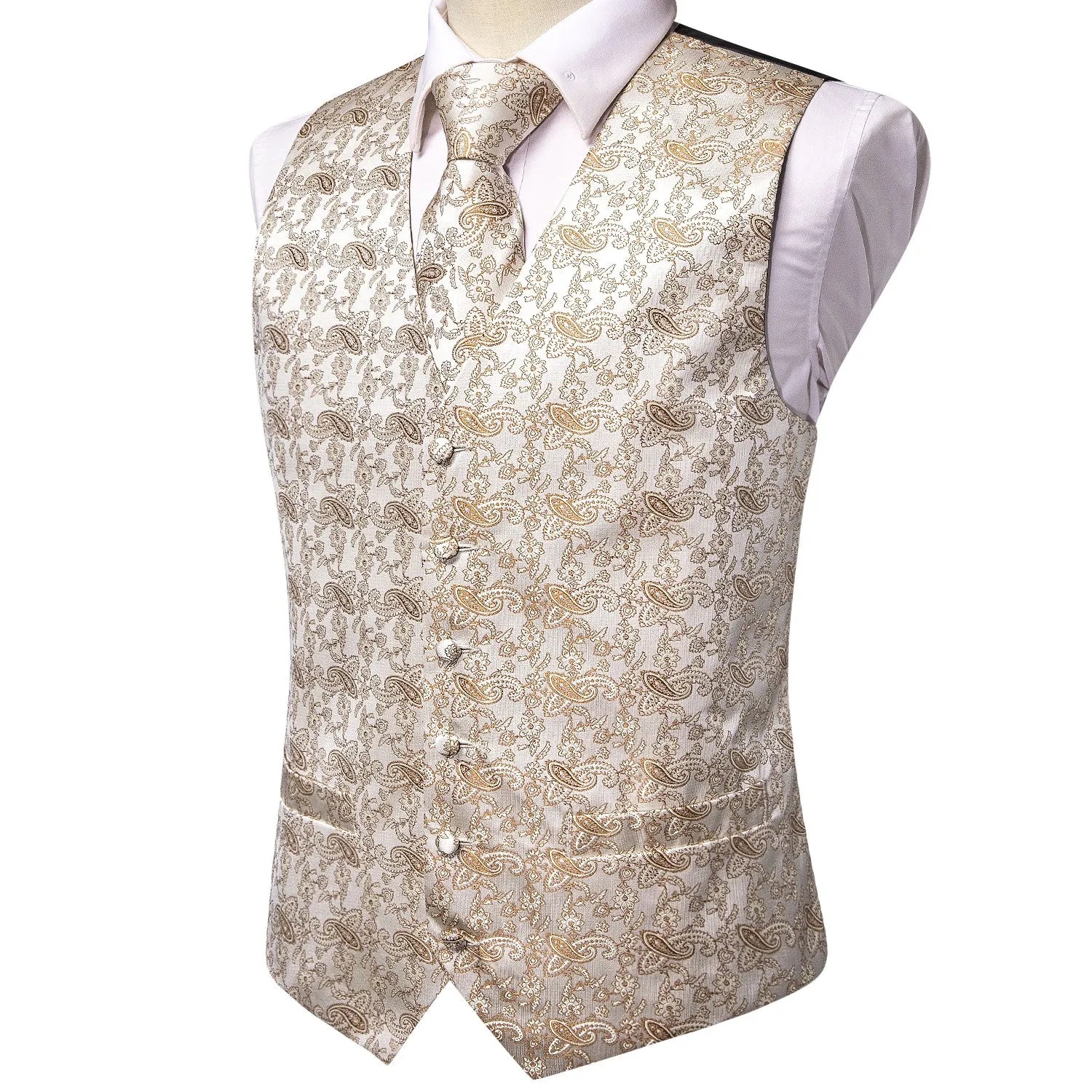 Champagne Desert Paisley Silk Men's Vest Hanky Cufflinks Tie Set Waistcoat Suit Set