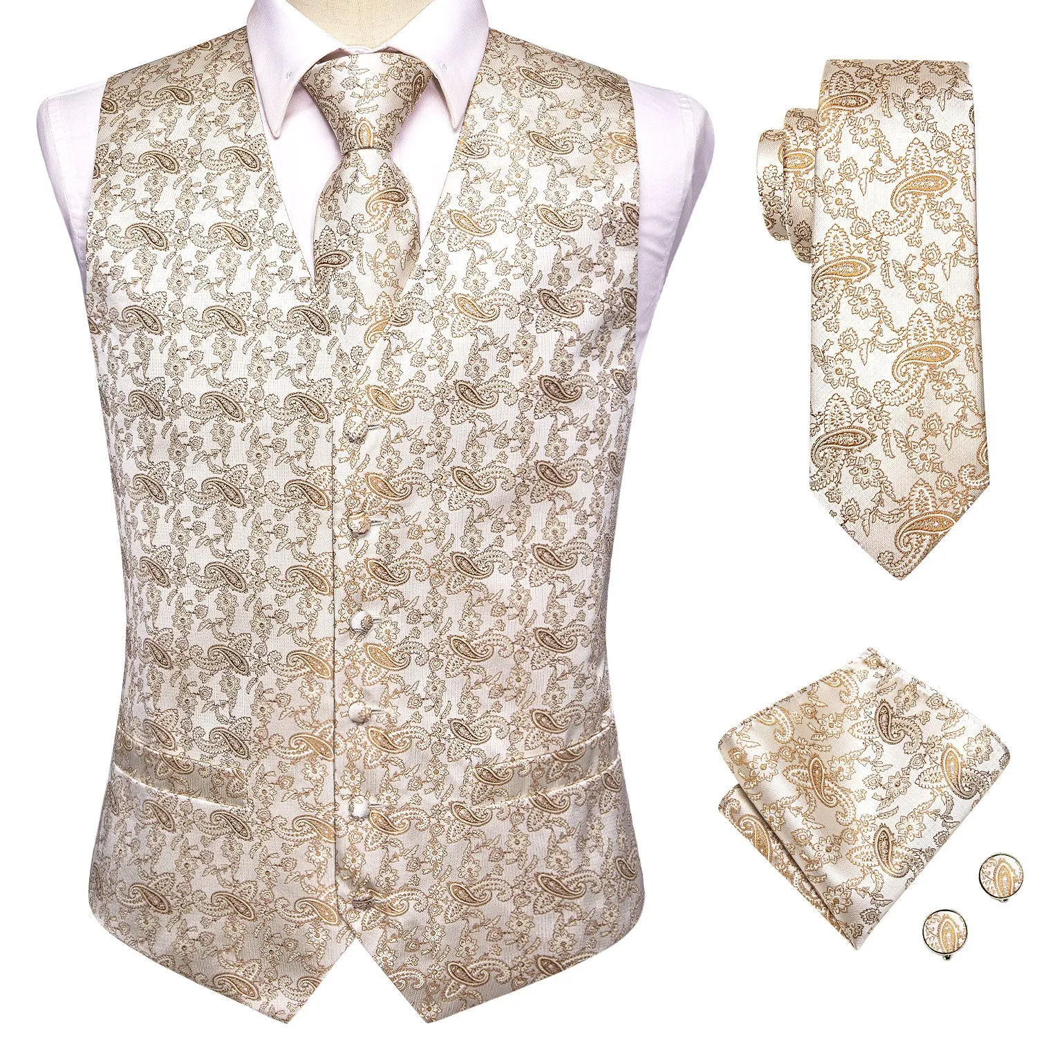 Champagne Desert Paisley Silk Men's Vest Hanky Cufflinks Tie Set Waistcoat Suit Set