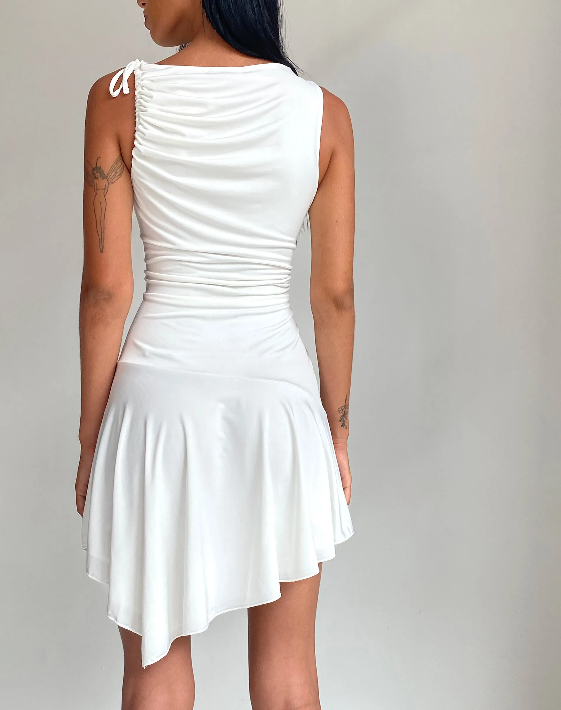 Chaya Waterfall Hem Mini Dress in Slinky Ivory