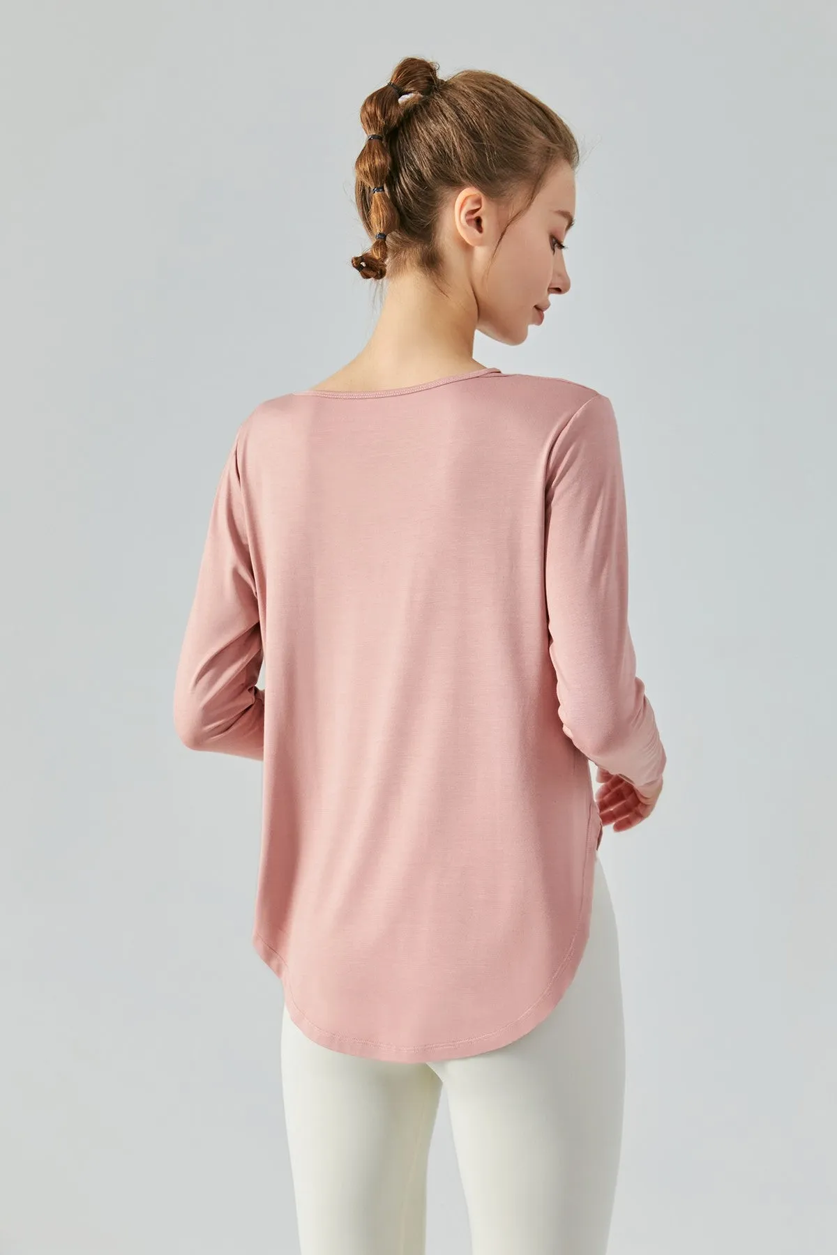 Chic Crew Neck Long Sleeve Curved Hem Tops