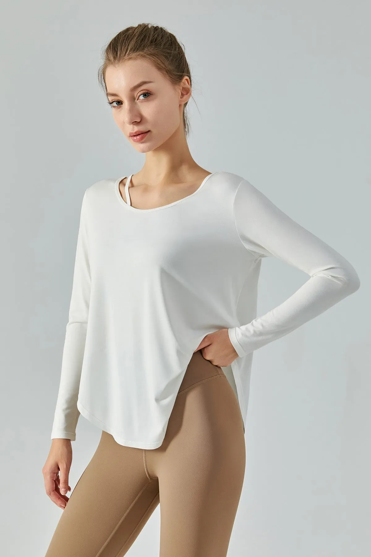 Chic Crew Neck Long Sleeve Curved Hem Tops