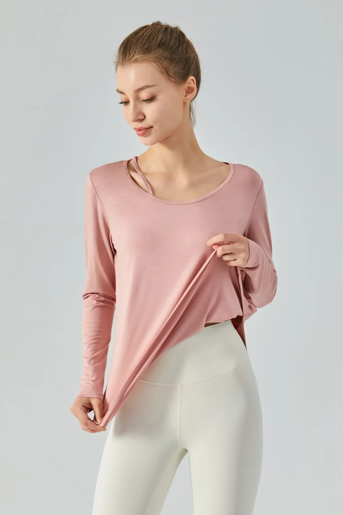 Chic Crew Neck Long Sleeve Curved Hem Tops