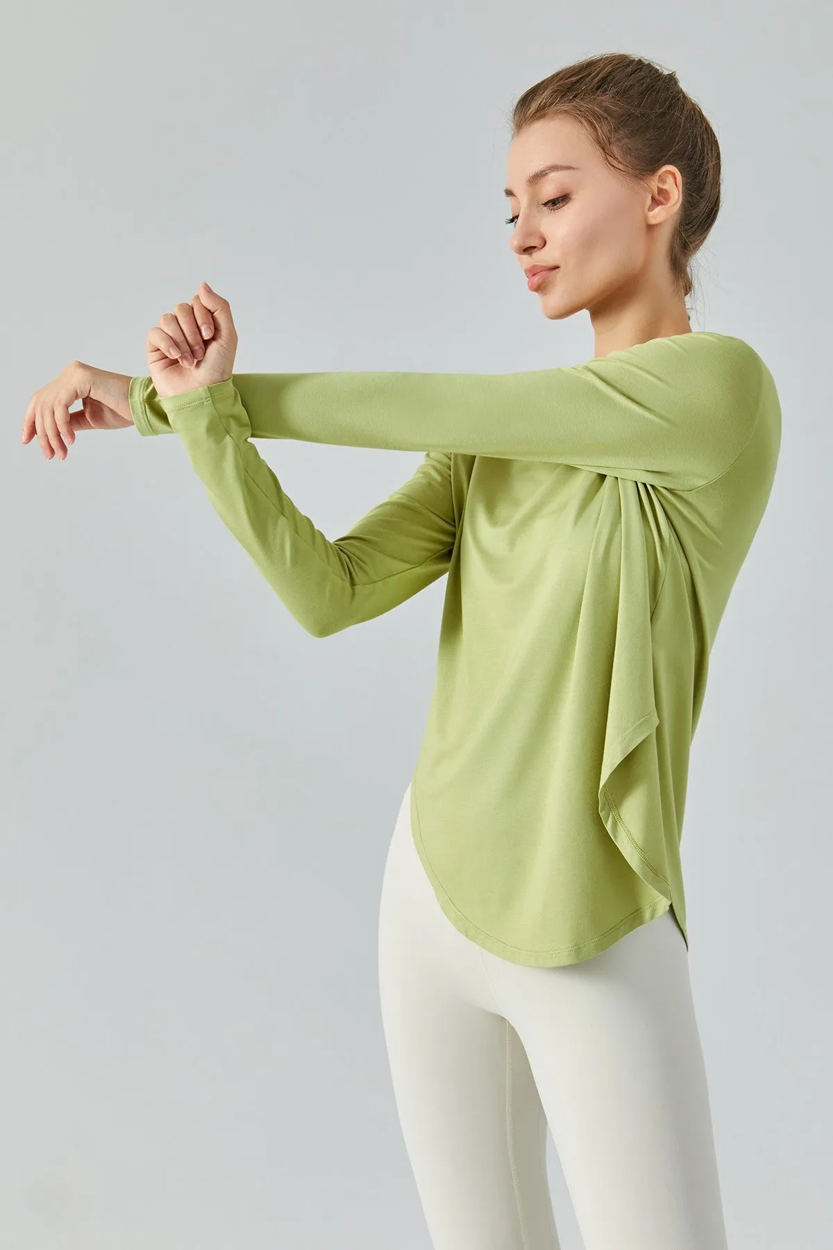 Chic Crew Neck Long Sleeve Curved Hem Tops