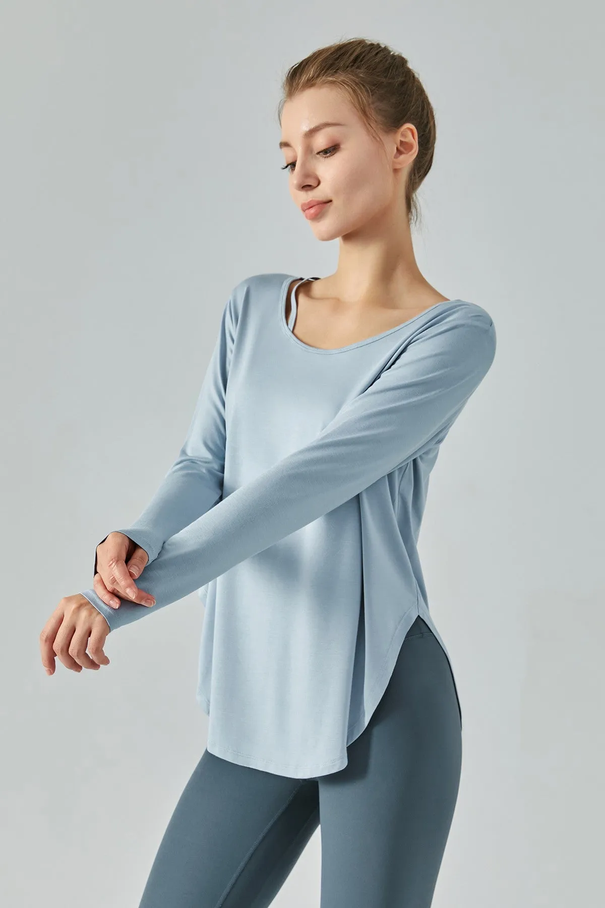 Chic Crew Neck Long Sleeve Curved Hem Tops