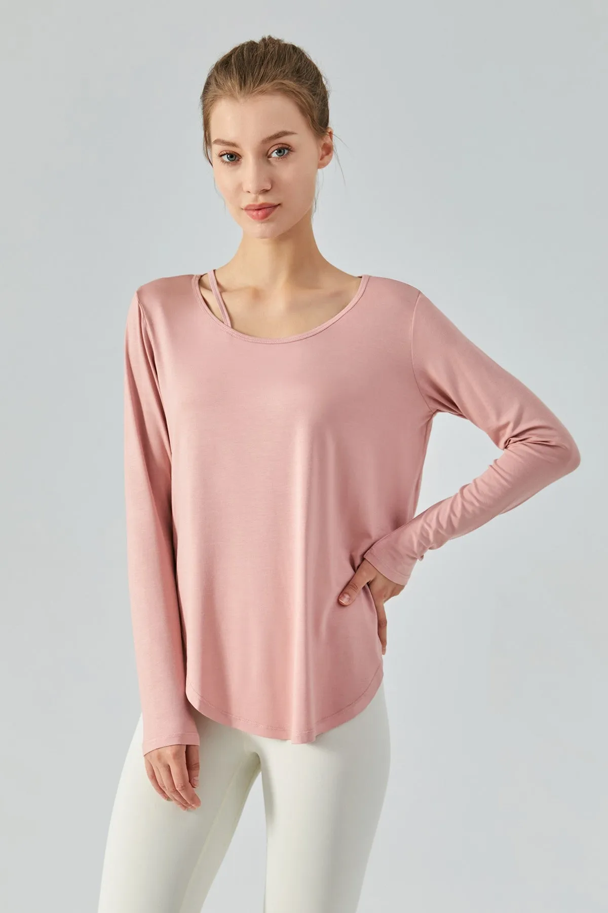 Chic Crew Neck Long Sleeve Curved Hem Tops