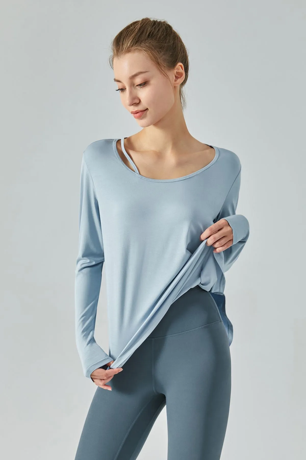 Chic Crew Neck Long Sleeve Curved Hem Tops