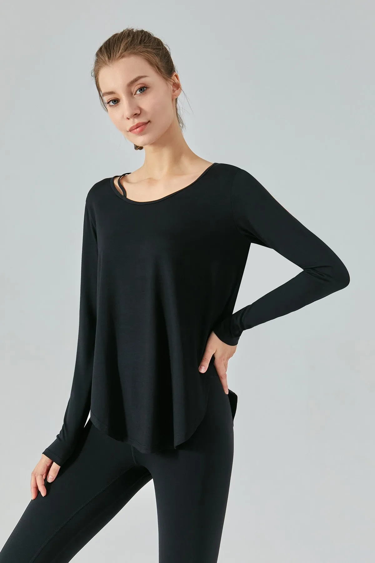 Chic Crew Neck Long Sleeve Curved Hem Tops