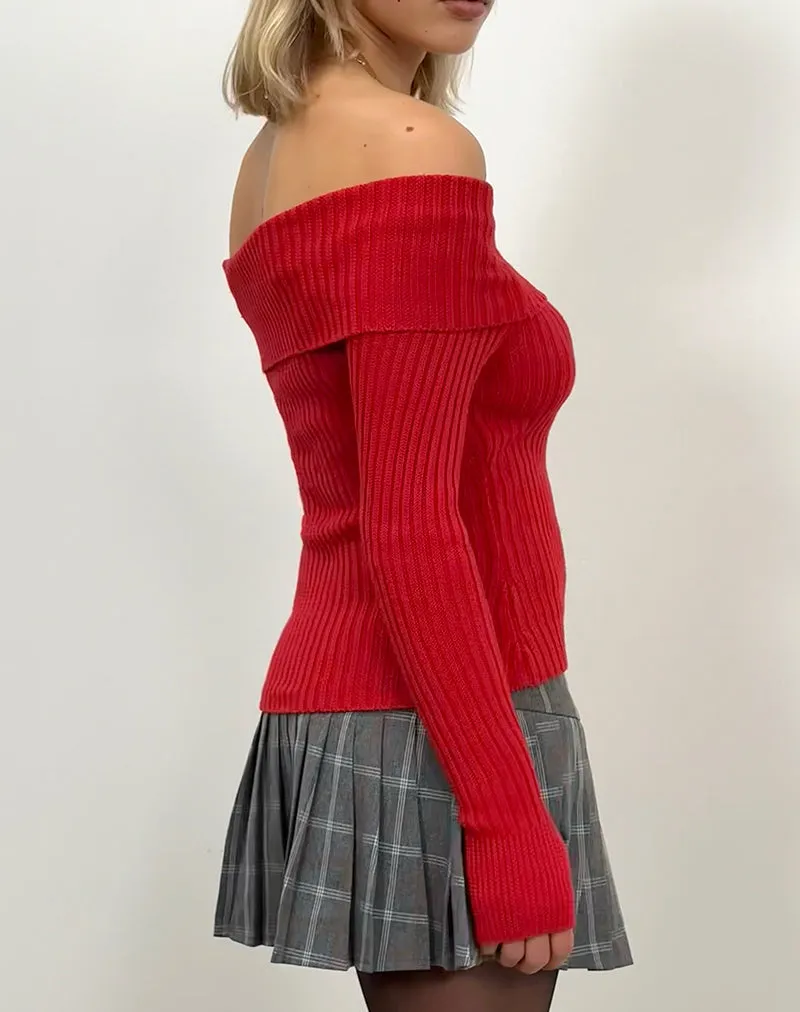 Circe Off-Shoulder Long Sleeve Knit To in Red