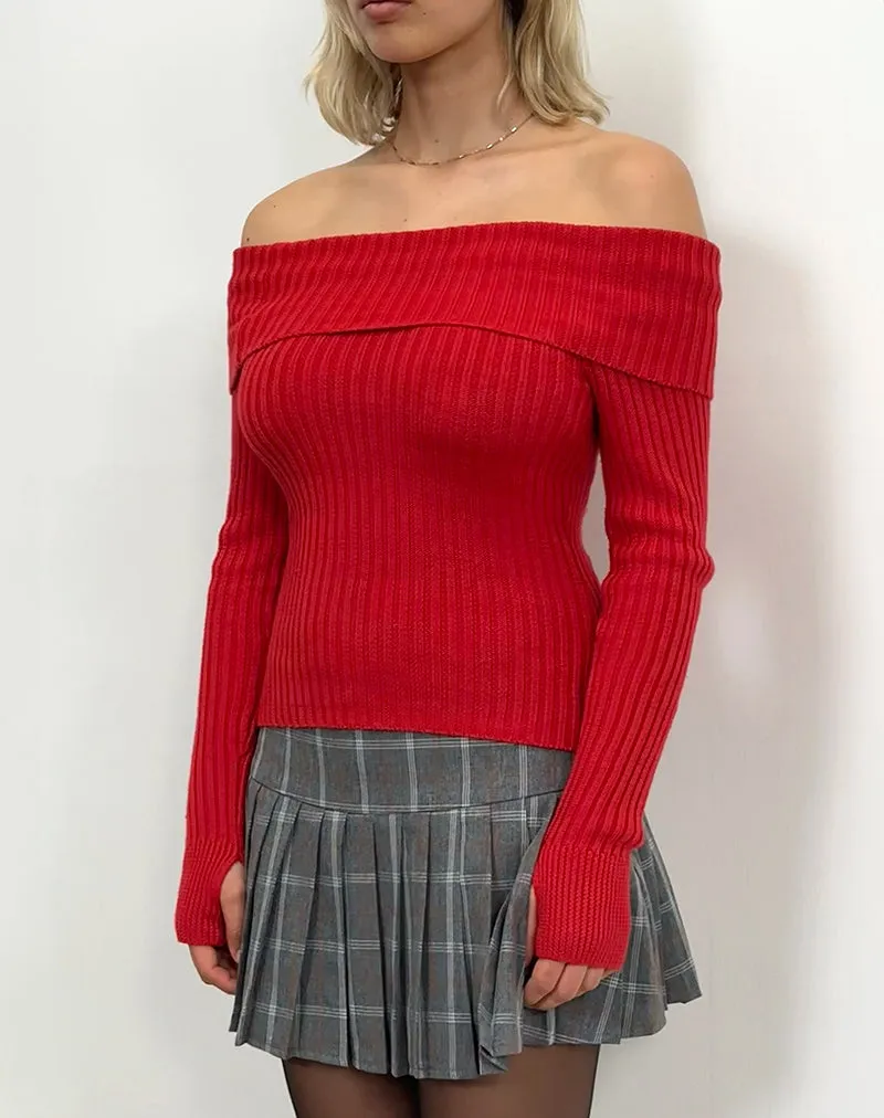 Circe Off-Shoulder Long Sleeve Knit To in Red