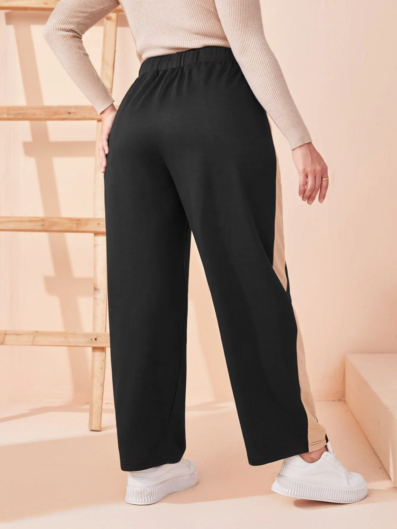 Colorblock Fake Drawstring Natural Long Plus Size Sweatpants