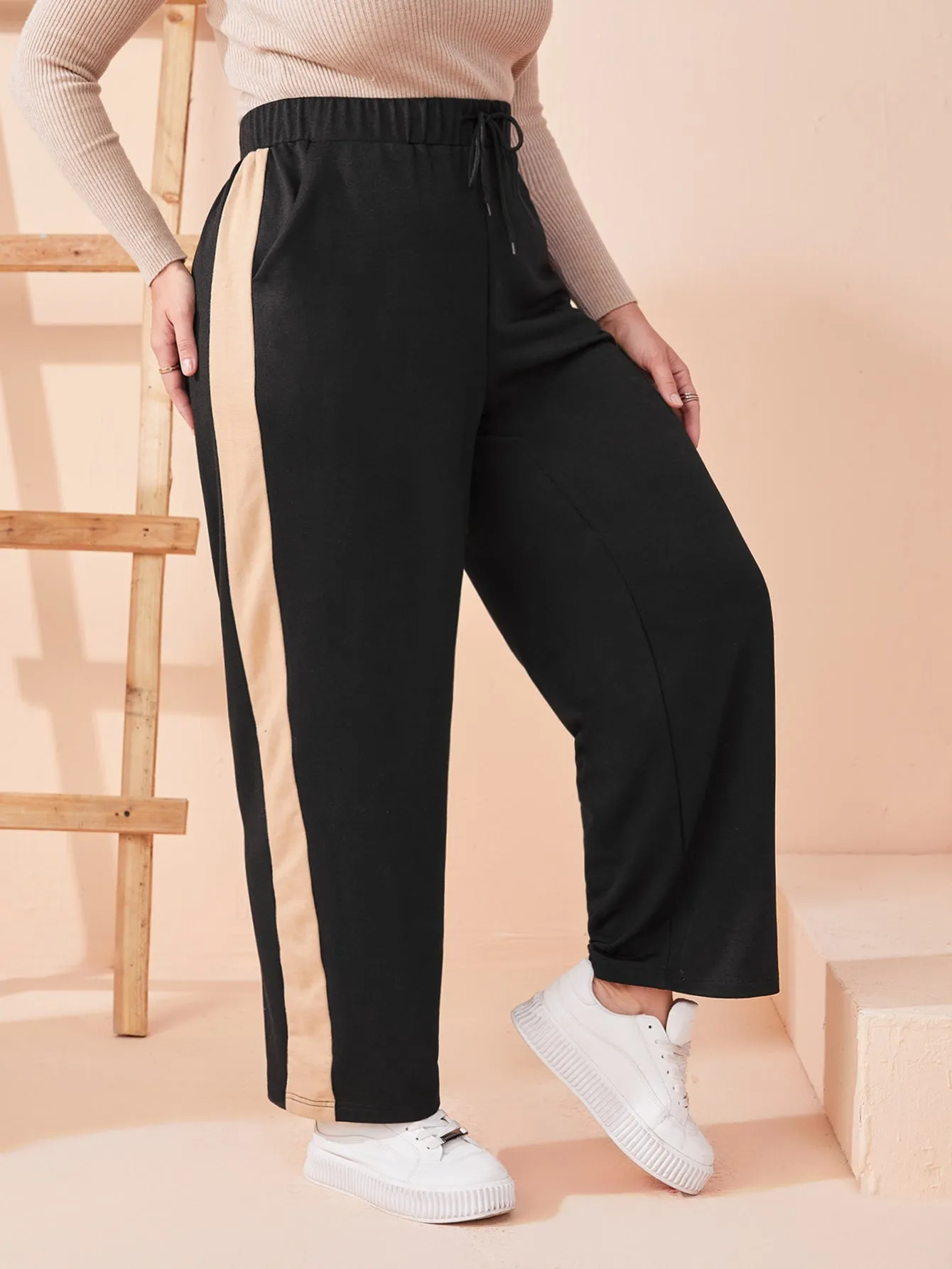 Colorblock Fake Drawstring Natural Long Plus Size Sweatpants