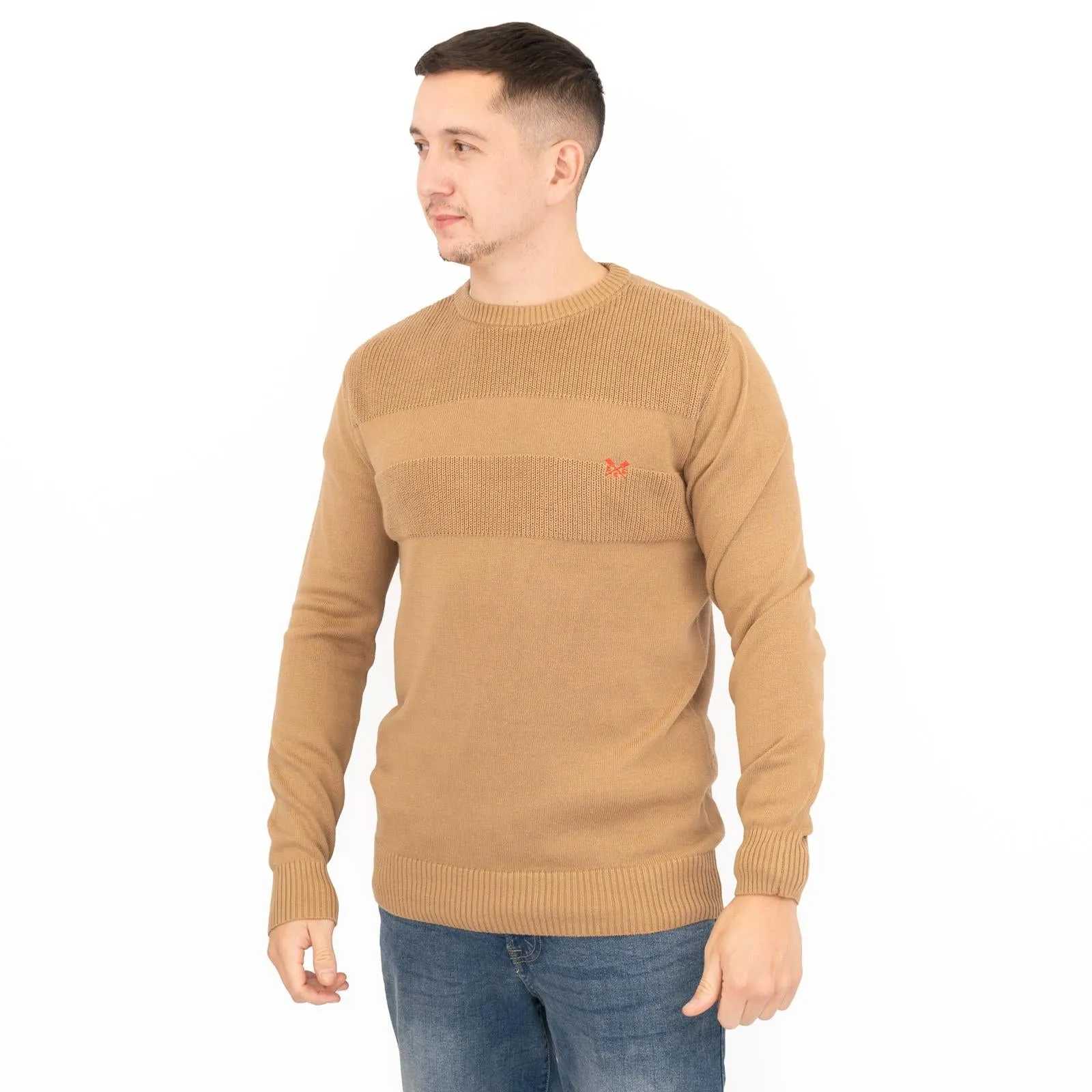 Crew Clothing Mens Rib Knitted Jumper Long Sleeve Brown