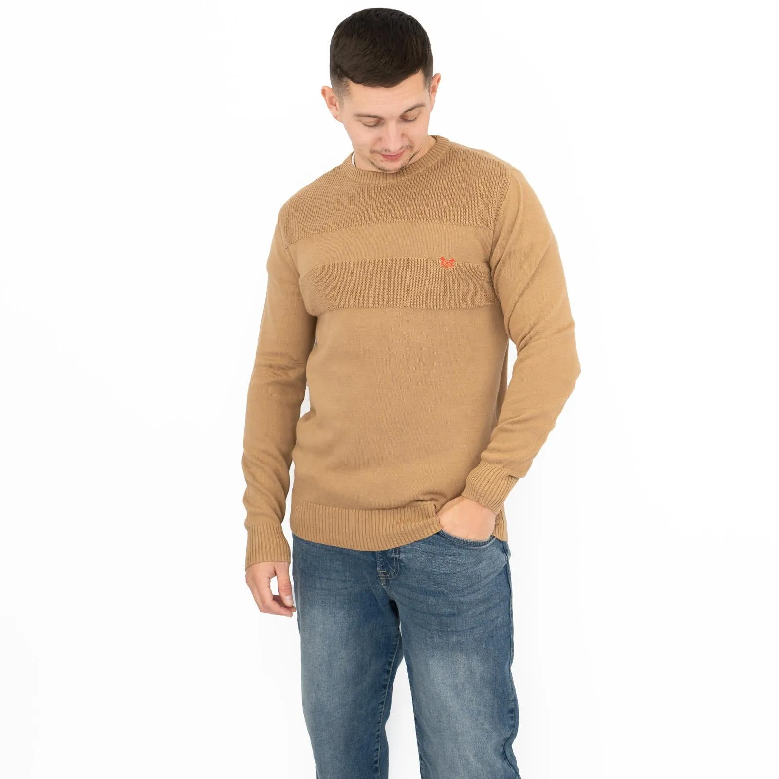 Crew Clothing Mens Rib Knitted Jumper Long Sleeve Brown