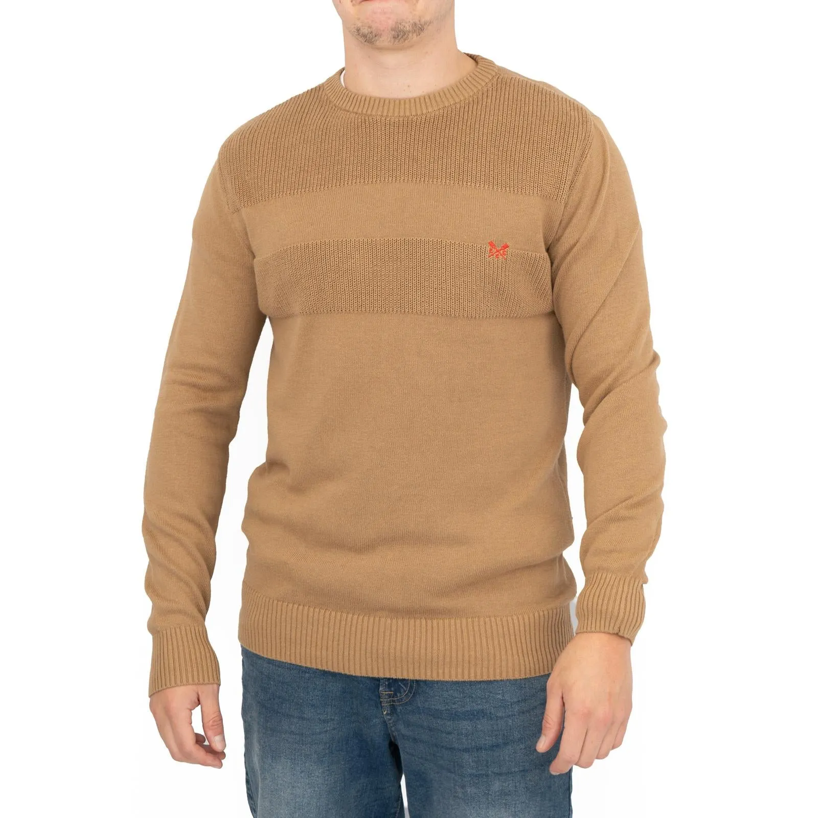 Crew Clothing Mens Rib Knitted Jumper Long Sleeve Brown